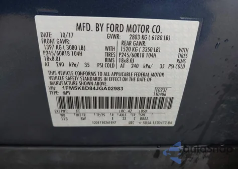 2018 Ford Explorer Xlt z USA, uszkodzony, nr VIN 1FM5K8D84JGA02983